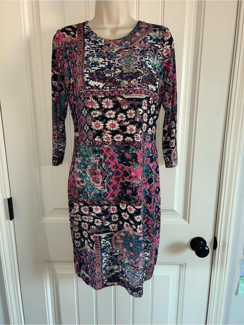 NEW Karen Kane Pink and Teal Patchwork Print 3/4 Sleeve Dress Sz S